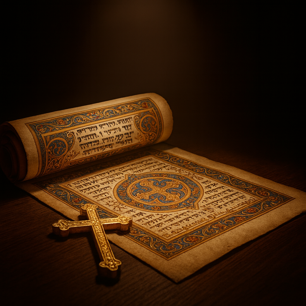 Manuscrito antigo e cruz dourada